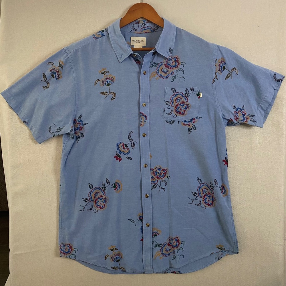Obey Propaganda Mens XL Floral Embroidered Short Sleeve Button Down Shirt Blue